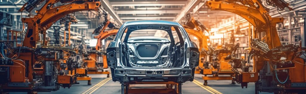 Generative AI, robot arms in a vehicle factory